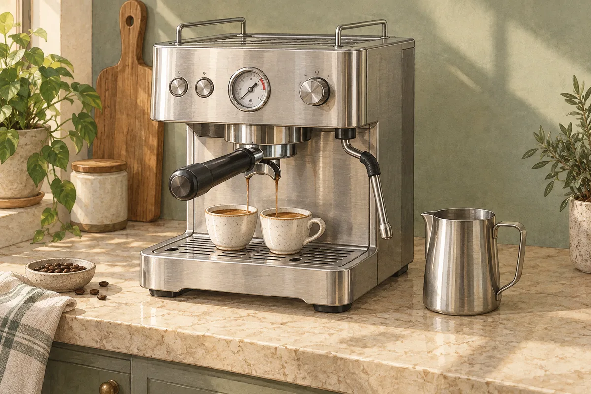Illustration of an espresso machine, two small coffee cups, and a milk pitcher on a kitchen counter