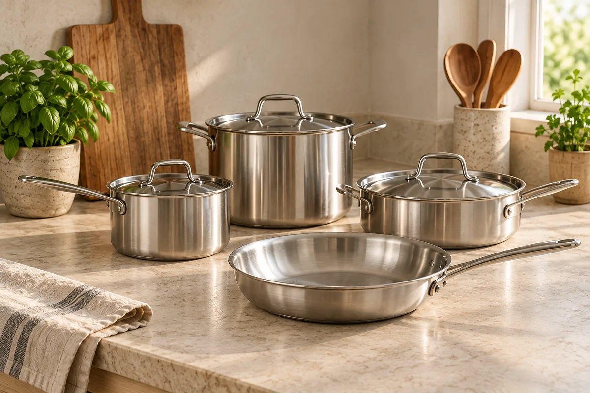 Stainless steel cookware on a black induction cooktop in a sunlit kitchen