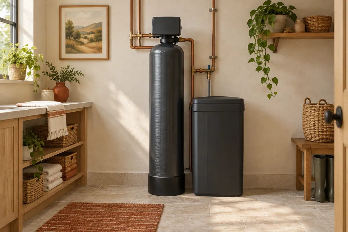 Illustration of a whole-house water softener in a warm, tidy utility room